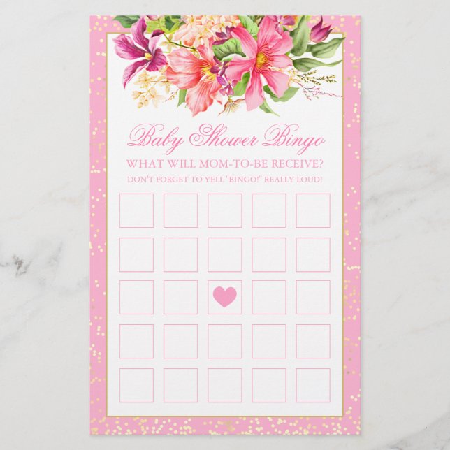 Papier Baby shower Bingo Jeu Chic Fleurs Bouquet Rose (Devant)