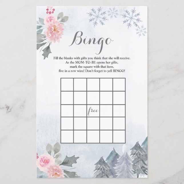 Papier Baby shower Bingo Jeu Snowflakes hiver Floral (Devant)