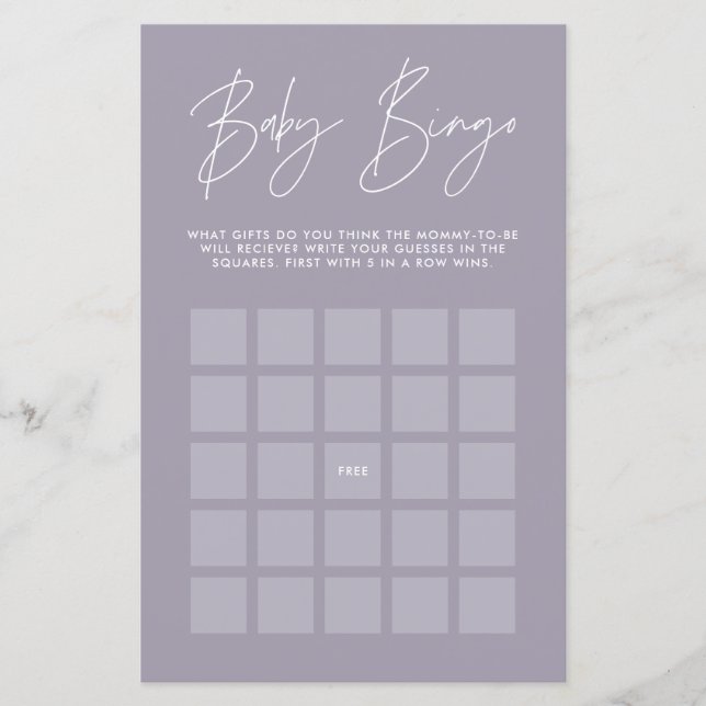 Papier Baby shower bingo moderne lilas violet girly (Devant)