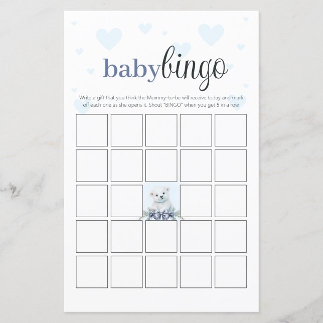 Papier Baby shower Bingo Party Jeu Coeurs Bleus Bear Cub (Devant)