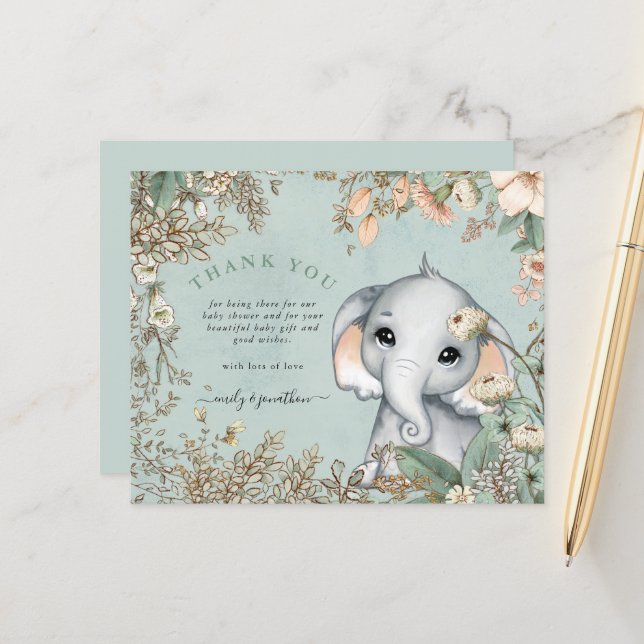 Papier Baby shower bleu à éléphant budget Merci (Devant/Arrière en situation)