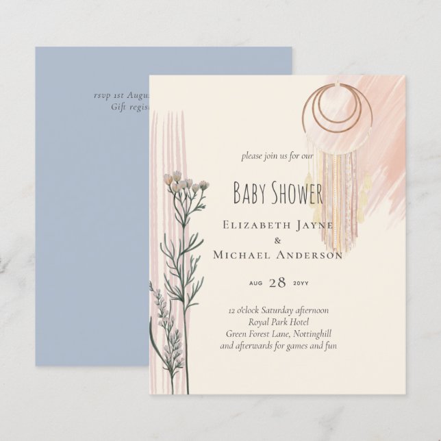 Papier Baby shower bleu Dusty Boho (Devant / Derrière)