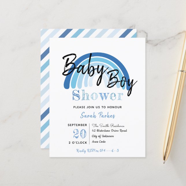 Papier Baby shower Blue Rainbow Boy Budget Invitation (Devant/Arrière en situation)