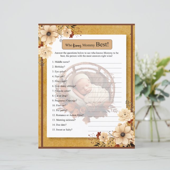 Papier Baby Shower Bohème Florale Rustique Qui Connaît Ma (Debout devant)