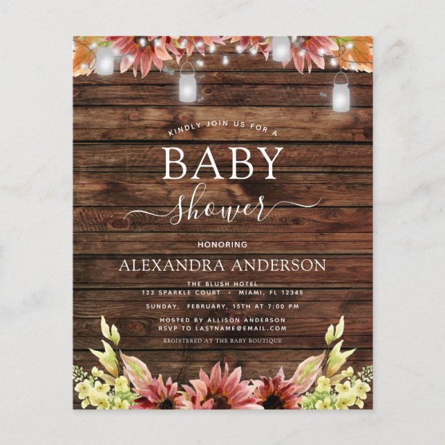Papier Baby Shower Bois Rustique Budget Fleurs d'Automne (Devant)