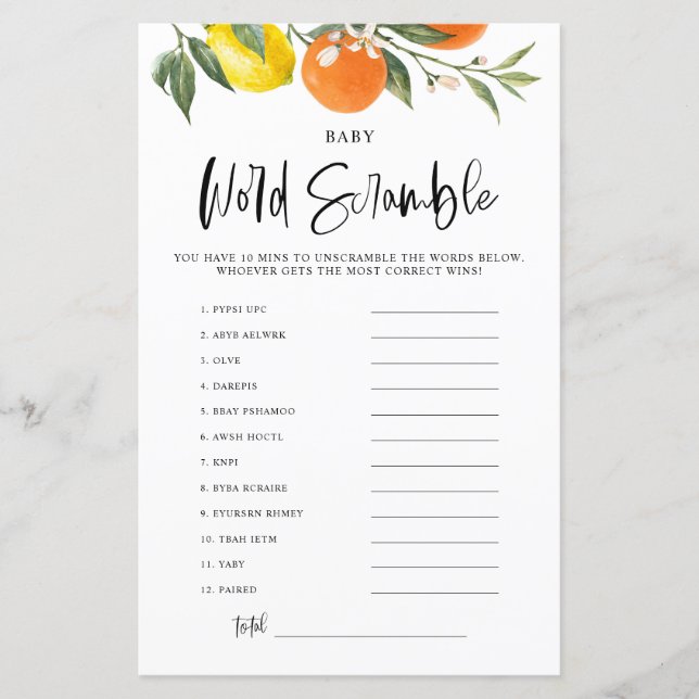 Papier Baby shower Botanique Citrus Mot Scramble Jeu (Devant)