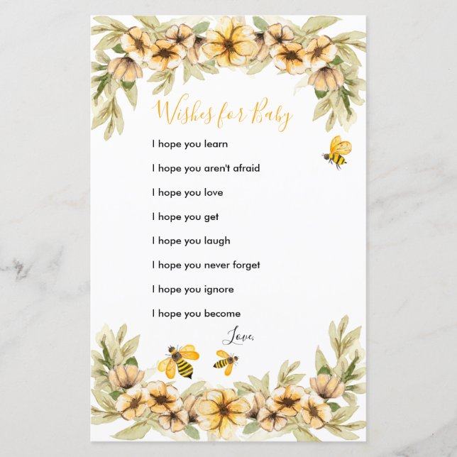 Papier Baby shower botanique d'abeilles - Voeux pour cart (Devant)