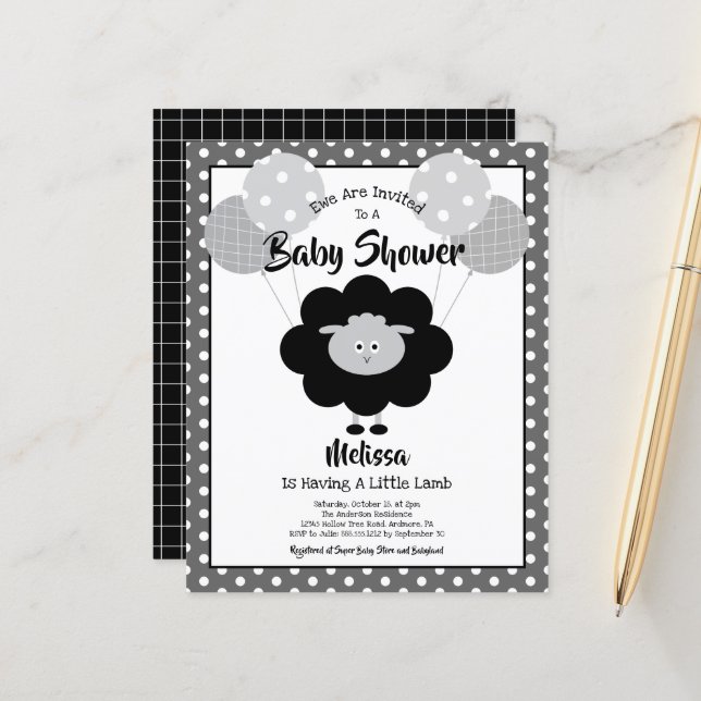 Papier Baby shower Budget Amusant Black White Lamb Invita (Devant/Arrière en situation)