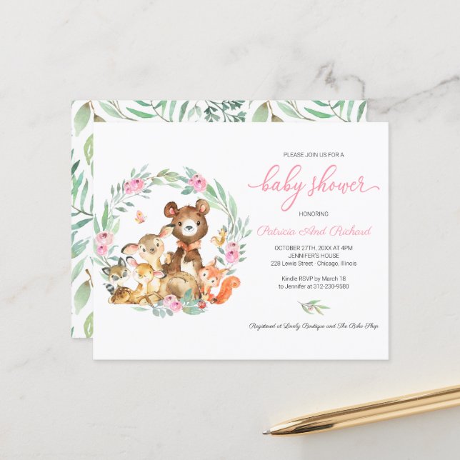 Papier Baby shower budgétaire de la verdure des bois Invi (Devant/Arrière en situation)