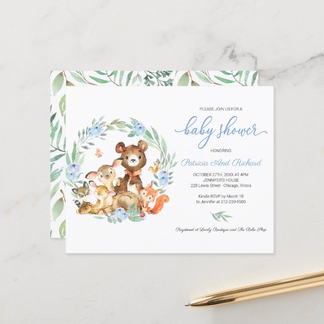 Papier Baby shower budgétaire de la verdure des bois Invi (Devant/Arrière en situation)