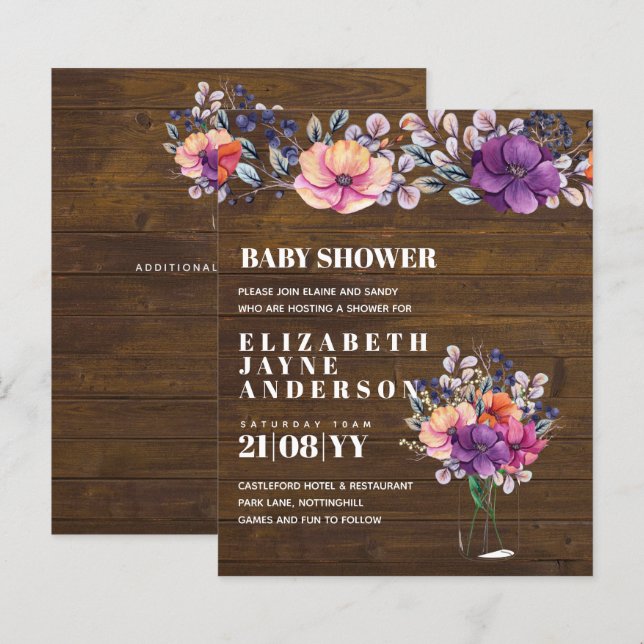 Papier BABY SHOWER BUDGÉTAIRE Invitation Floral violet or (Devant / Derrière)