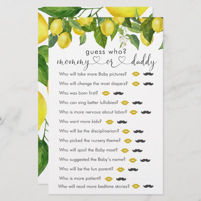 Papier Baby shower citron "Devinez qui" Jeu (Devant / Derrière)