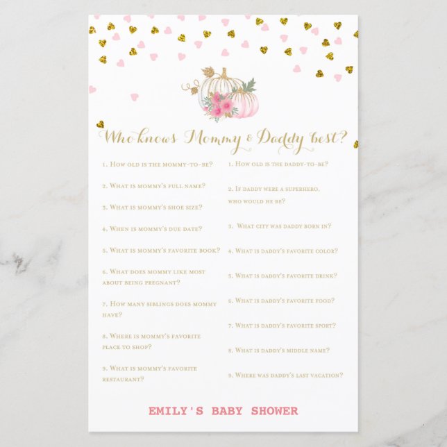 Papier baby shower Citrouille rose et or (Devant)
