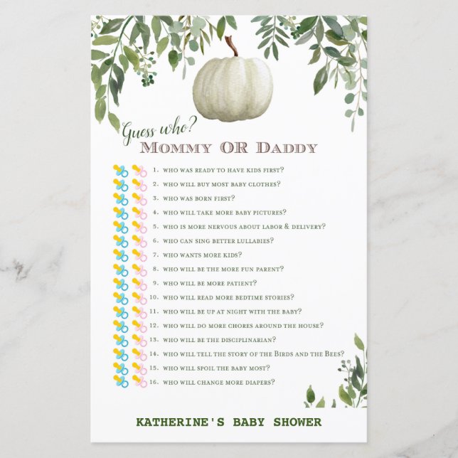 Papier Baby shower Citrouille verdoyant Jeu IMPRIMÉ (Devant)