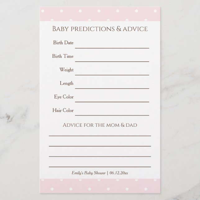 Papier Baby shower classique Pois rose jeu de devinettes (Devant)