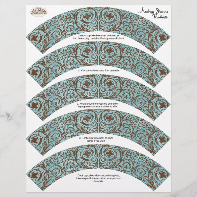 Papier Baby shower Cupcake Wrappers - Blue Brown Damask (Devant)