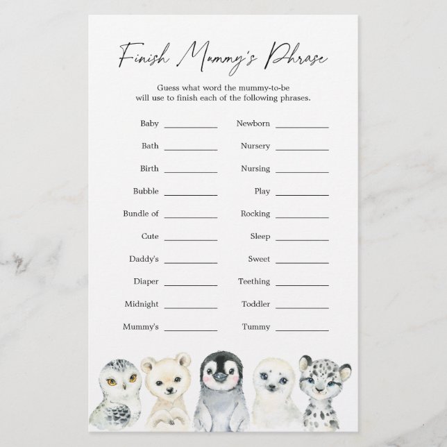 Papier Baby shower d'animaux arctiques terminer la phrase (Devant)