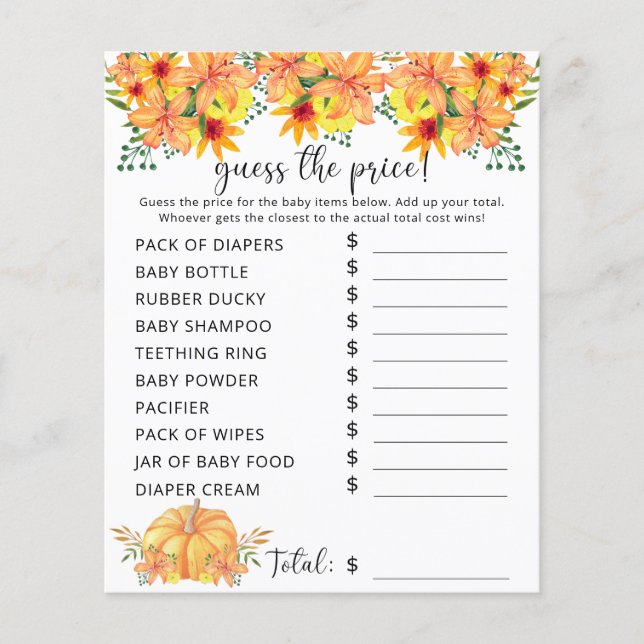 Papier Baby shower d'automne | Jeu de devis de prix Citro (Devant)