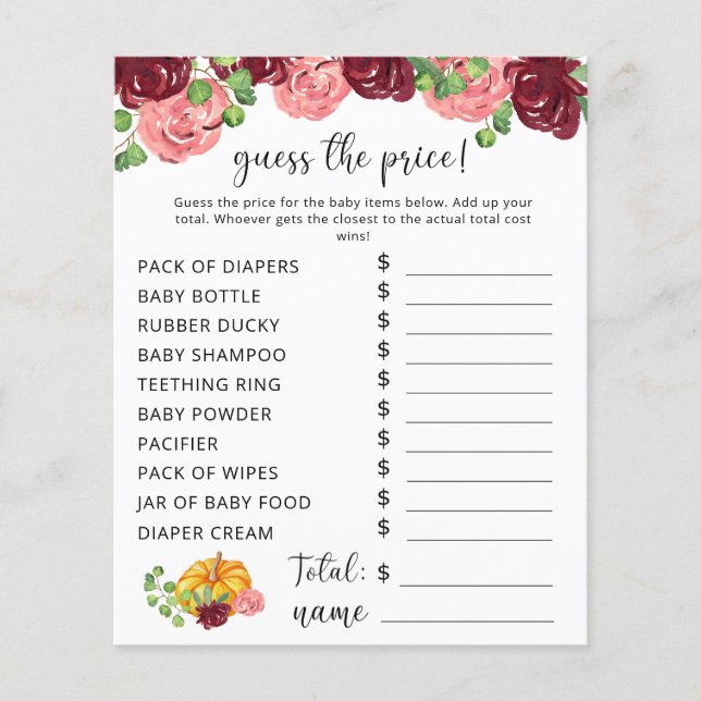 Papier Baby shower d'automne | Jeu de devis de prix Citro (Devant)