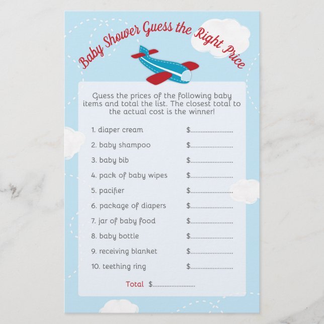 Papier Baby shower d'avion devinez juste prix (Devant)