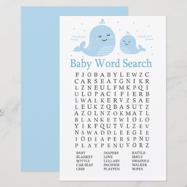 Papier Baby shower de baleine mignonne Mot de recherche (Devant / Derrière)