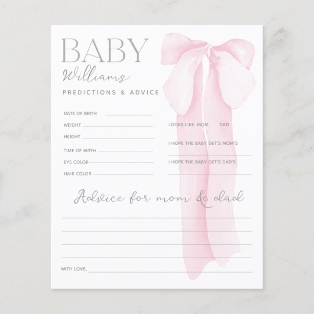 Papier Baby shower de Bow rose PRÉDICTIONS et conseils Je (Devant)