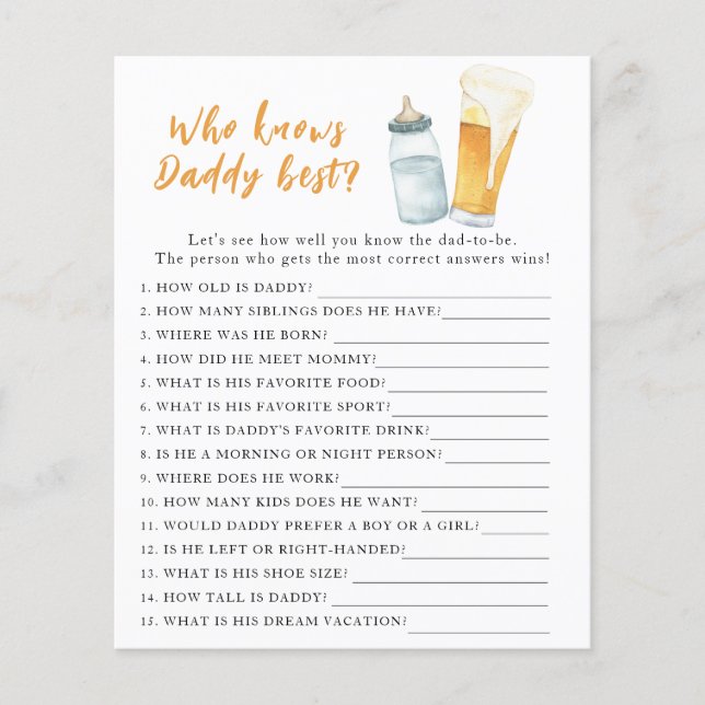Papier Baby shower de brasserie - Jeu Qui connaît le mieu (Devant)