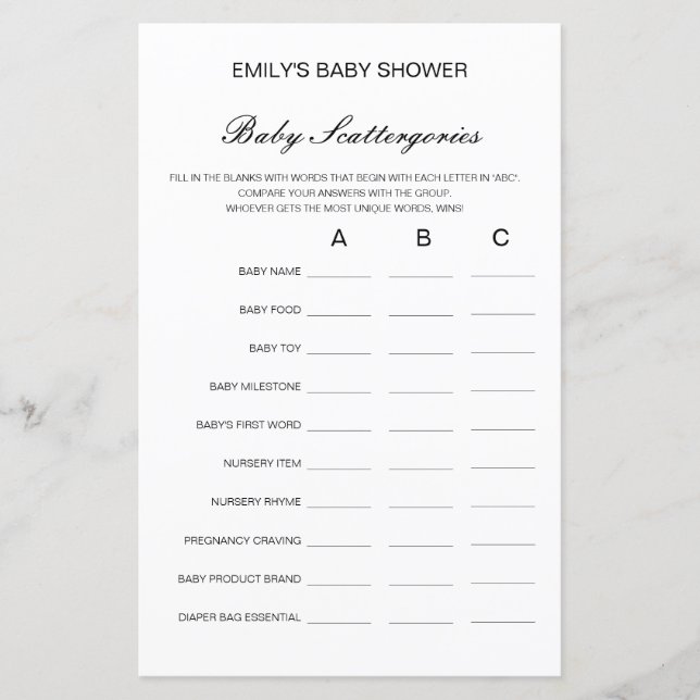 Papier Baby shower de catégories pour bébés Jeu IMPRIMÉ (Devant)