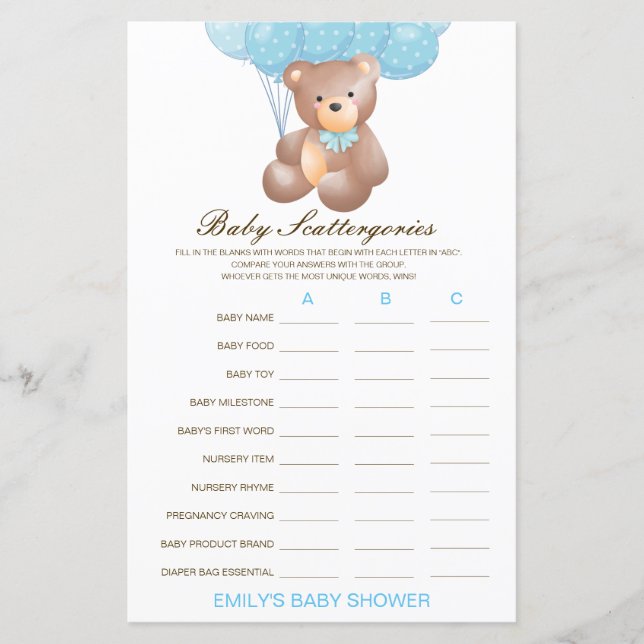 Papier Baby shower de catégories pour bébés Jeu IMPRIMÉ (Devant)