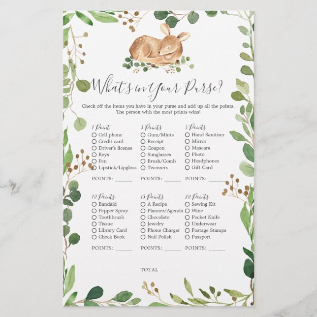 Papier Baby shower de cerfs Ce qui est dans votre sac (Devant)