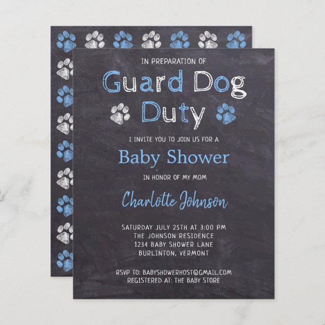 Papier Baby shower de chien bleu de garde budgétaire (Devant / Derrière)
