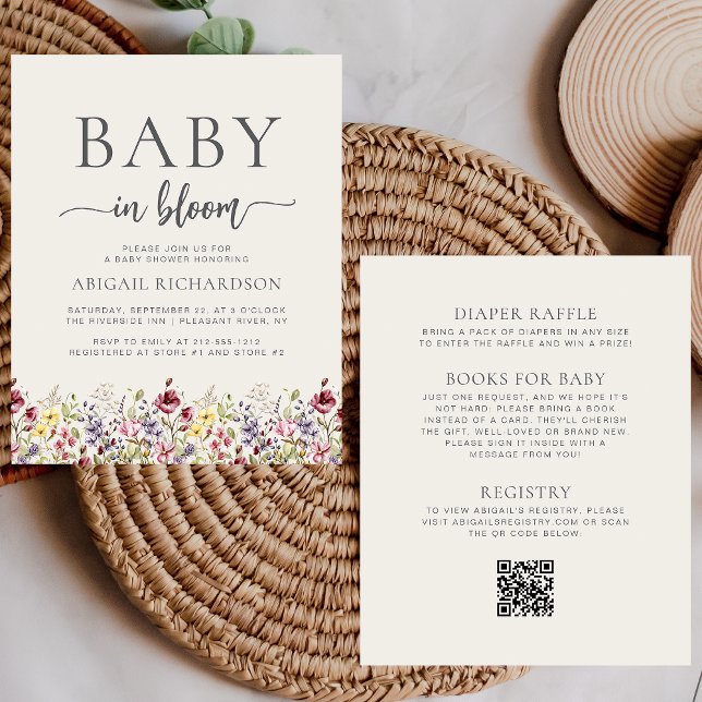 Papier Baby shower de code QR en beige Fleur sauvage (Créateur téléchargé)