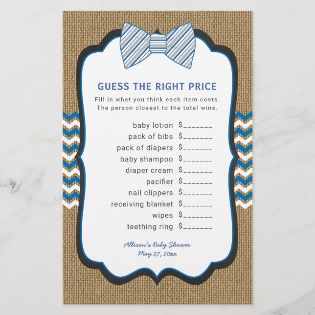 Papier Baby shower de Cravate Bow Prix des jeux + course  (Devant)