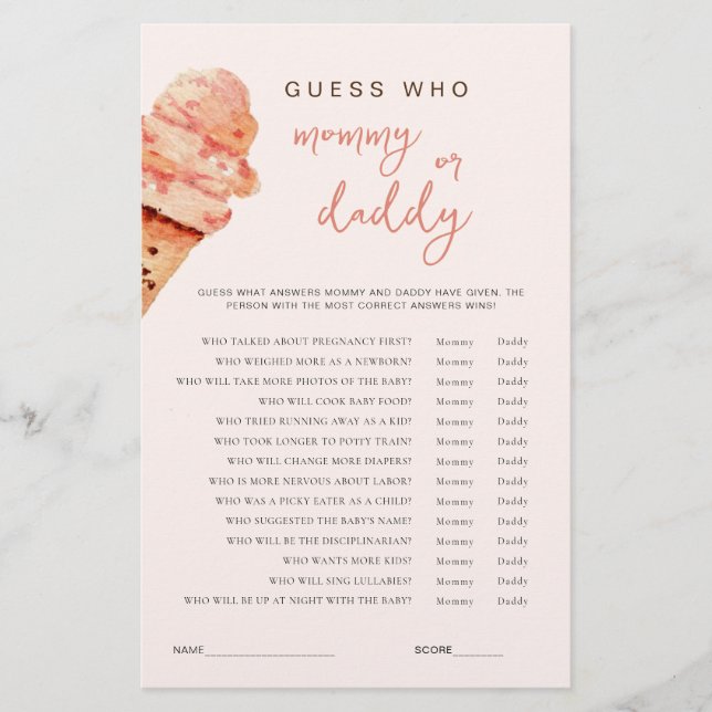 Papier Baby shower de crème glacée Devinez Qui jeu (Devant)