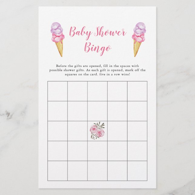 Papier Baby shower de crème glacée rose Jeu de Bingo (Devant)
