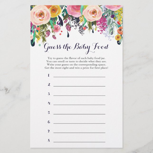 Papier Baby shower de fleurs Guess the Baby Food Game (Devant)