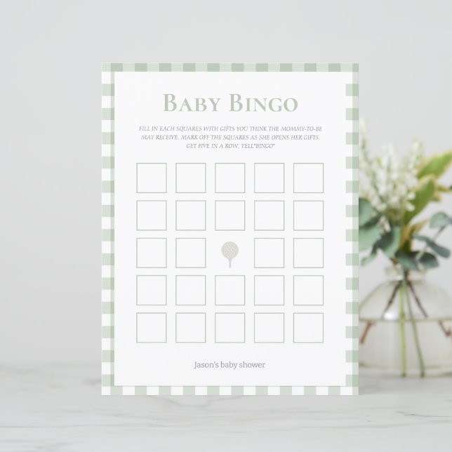 Papier baby shower de golf vert sauge jeu de bingo (Debout devant)