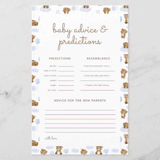 Papier Baby shower de l'ours en peluche Prédictions et ca (Devant)