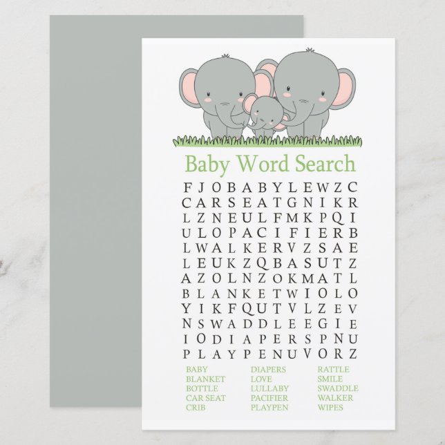 Papier Baby shower de mots pour éléphants de famille Rech (Devant / Derrière)