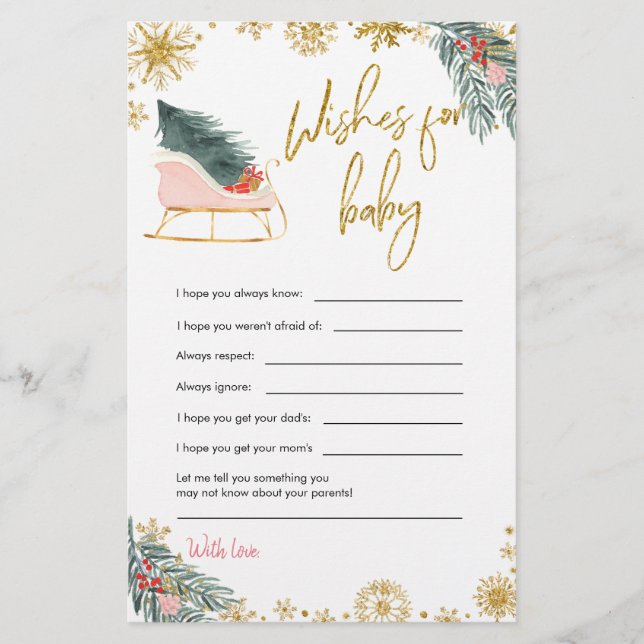 Papier Baby shower de Noël Pink Sleigh Voeux Pour Bébé (Devant)