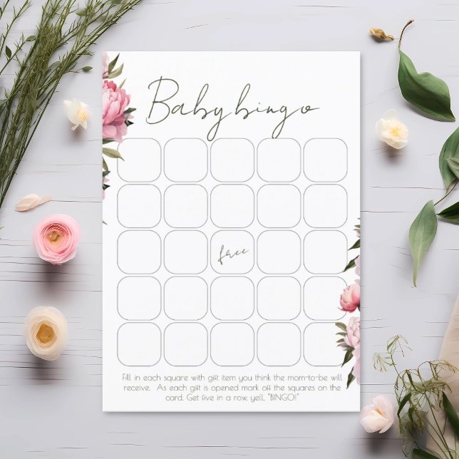 Papier Baby shower de pivoine minimaliste jeu de bingo (Créateur téléchargé)