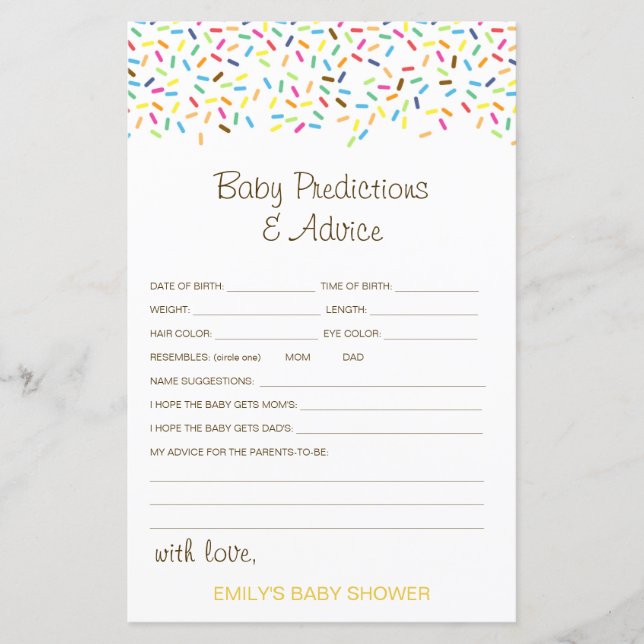 Papier Baby shower de prédiction et de conseils pour bébé (Devant)