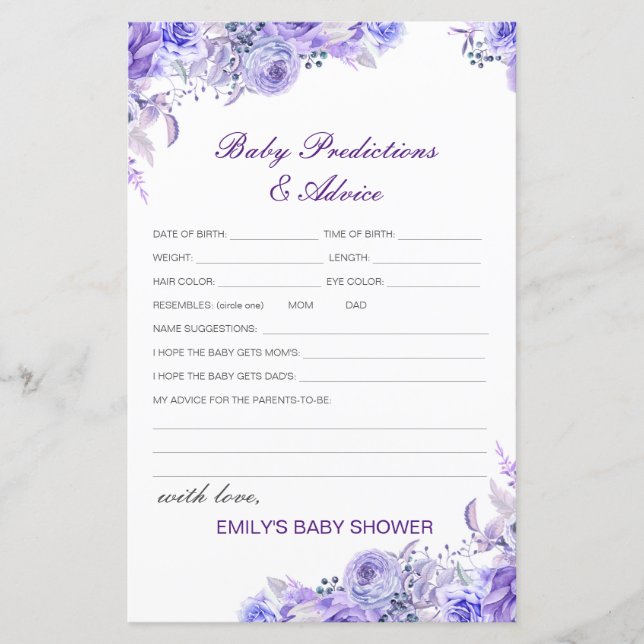 Papier Baby shower de prédiction et de conseils pour bébé (Devant)