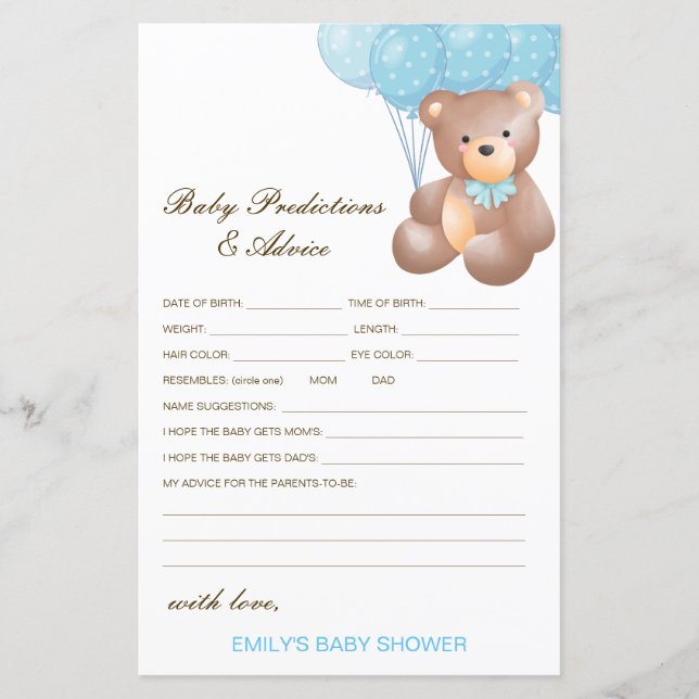 Papier Baby shower de prédiction et de conseils pour bébé (Devant)