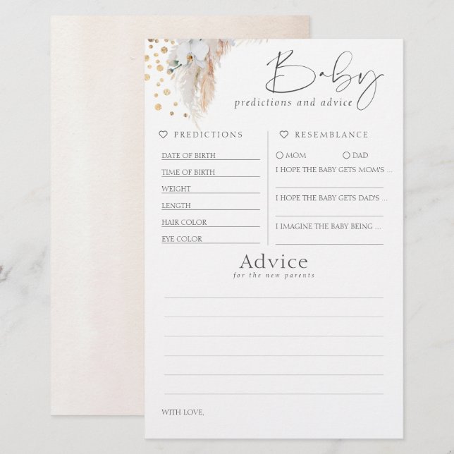 Papier Baby shower de prédictions et conseils pour bébés  (Devant / Derrière)