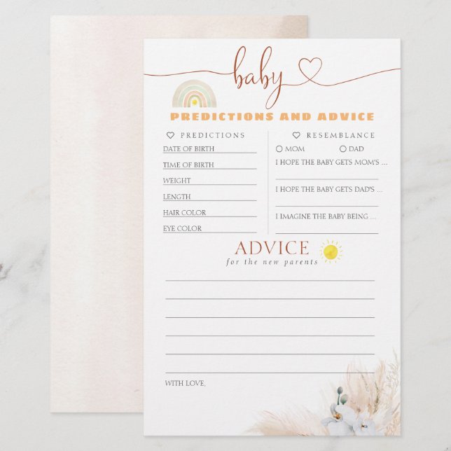 Papier Baby shower de prédictions et conseils pour bébés  (Devant / Derrière)