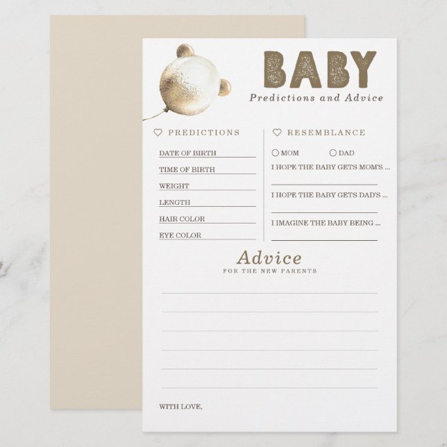 Papier Baby shower de prédictions et conseils pour bébés  (Devant / Derrière)