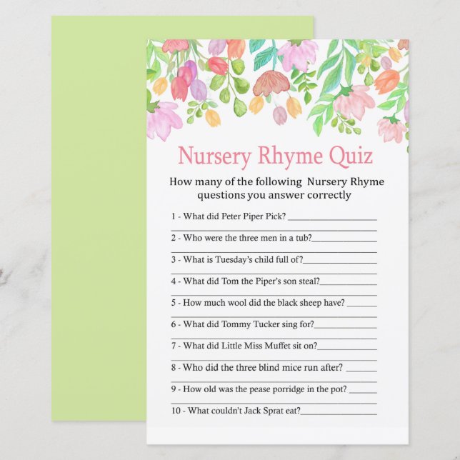 Papier Baby shower de quiz sur les fleurs d'aquarelle (Devant / Derrière)