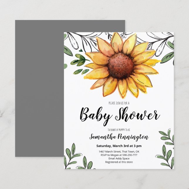 Papier Baby shower de tournesol d'aquarelle Invitation bu (Devant / Derrière)
