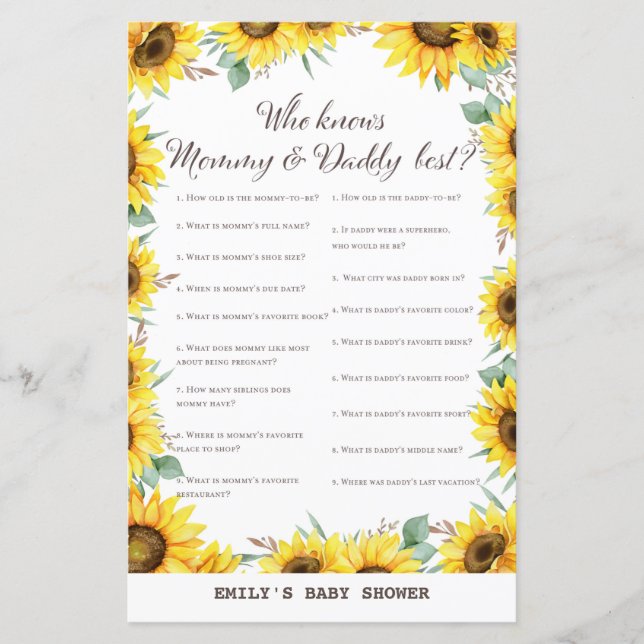Papier Baby shower de tournesol de printemps Jeu IMPRIMÉ (Devant)